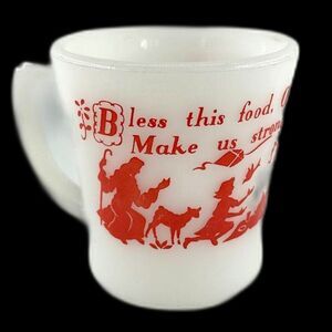 VTG Fire King Ware 8oz White With Red Illustrations & Mealtime Prayer Milk Glass